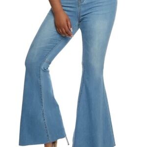 Wax Jean Light Wash Denim Super Flare Raw Hem Stretch Bell Bottoms Size 5/27